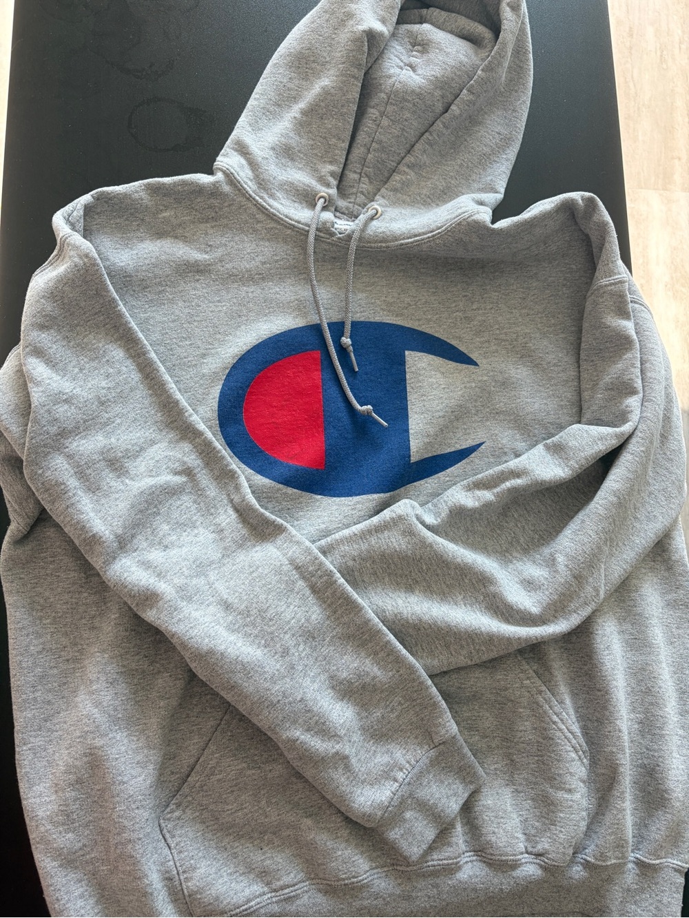 Champion Gray Crewneck Hoodie with Blue & Red Logo
